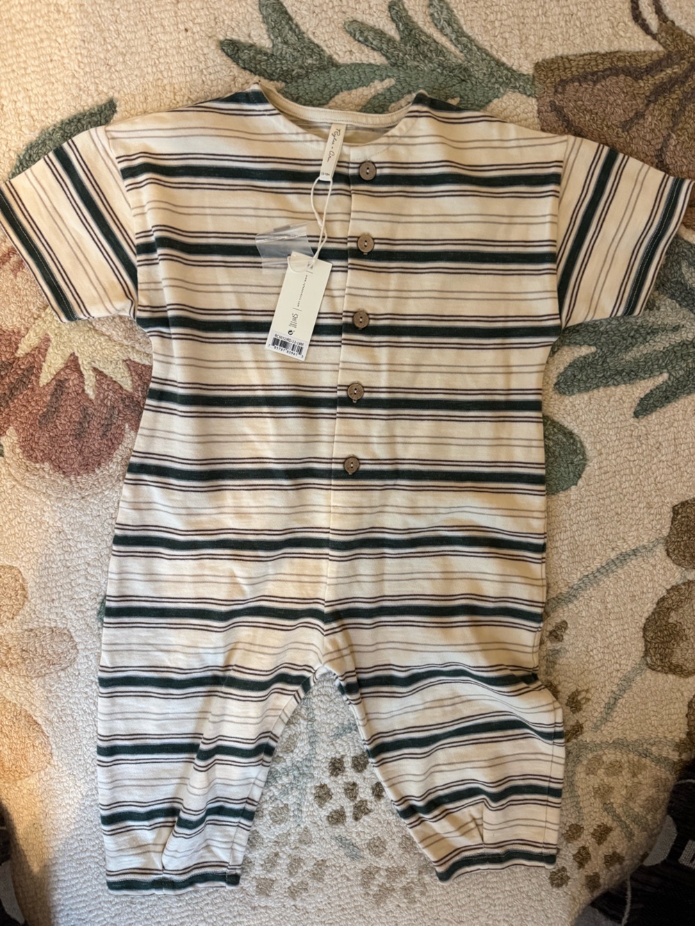NWT Rylee & cru Striped Short-Sleeve Button Romper - Cream & Dark Green